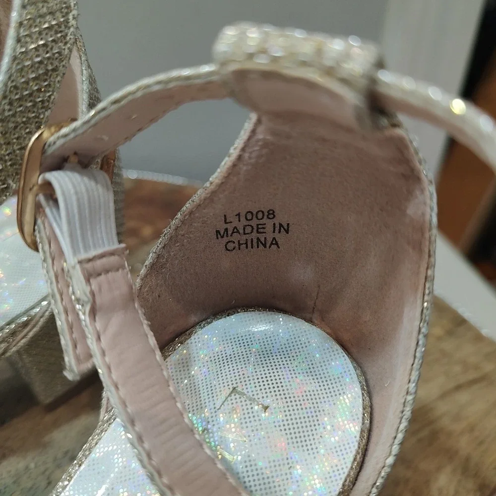 Laurmosa Strappy Gold‎ Rhinestones Kitten Heels Ankle Strap Casual Sz 13 Girls